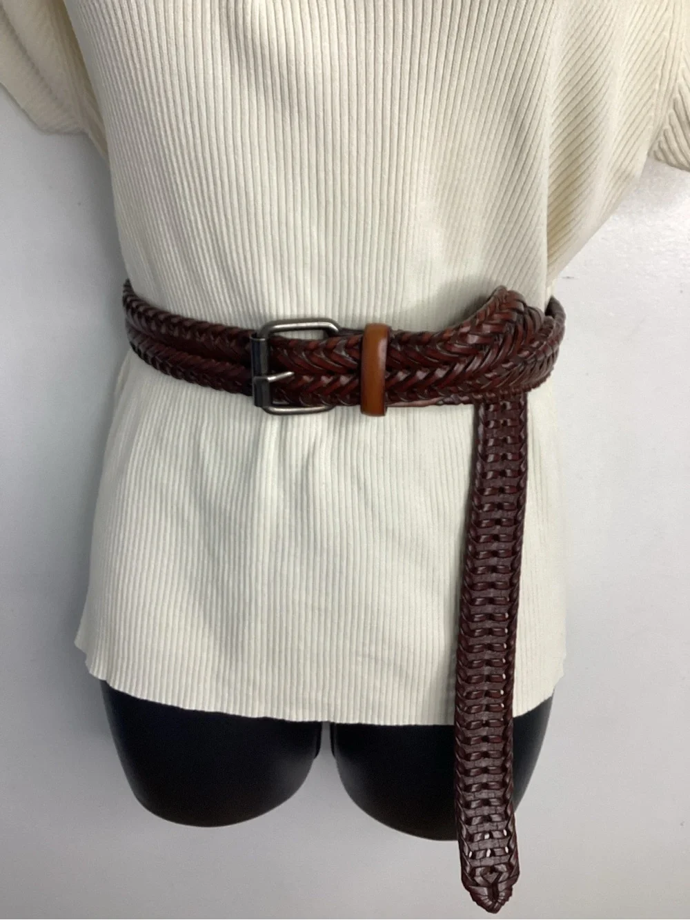 Braided Vegan Leather Belt in Brown with Silver Buckle